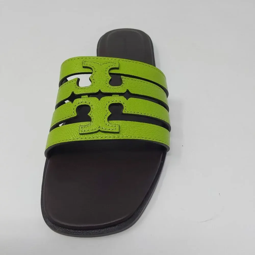 Tory Burch Ines Cage Slide Sandals Light Chartreuse Cocoa Leather US 8